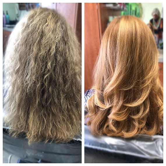 Before and after hair color transformation at Oz Hair Studio in Waco, TX